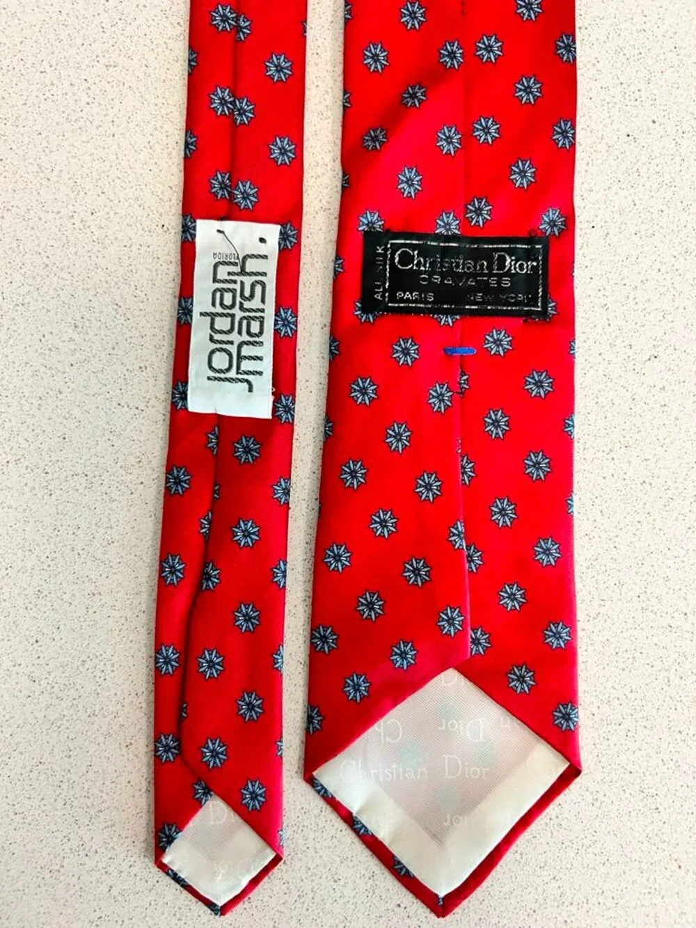 Christian Dior Monsieur Red Silk Tie Blue Floral Medallion Pattern54”x3” France.
